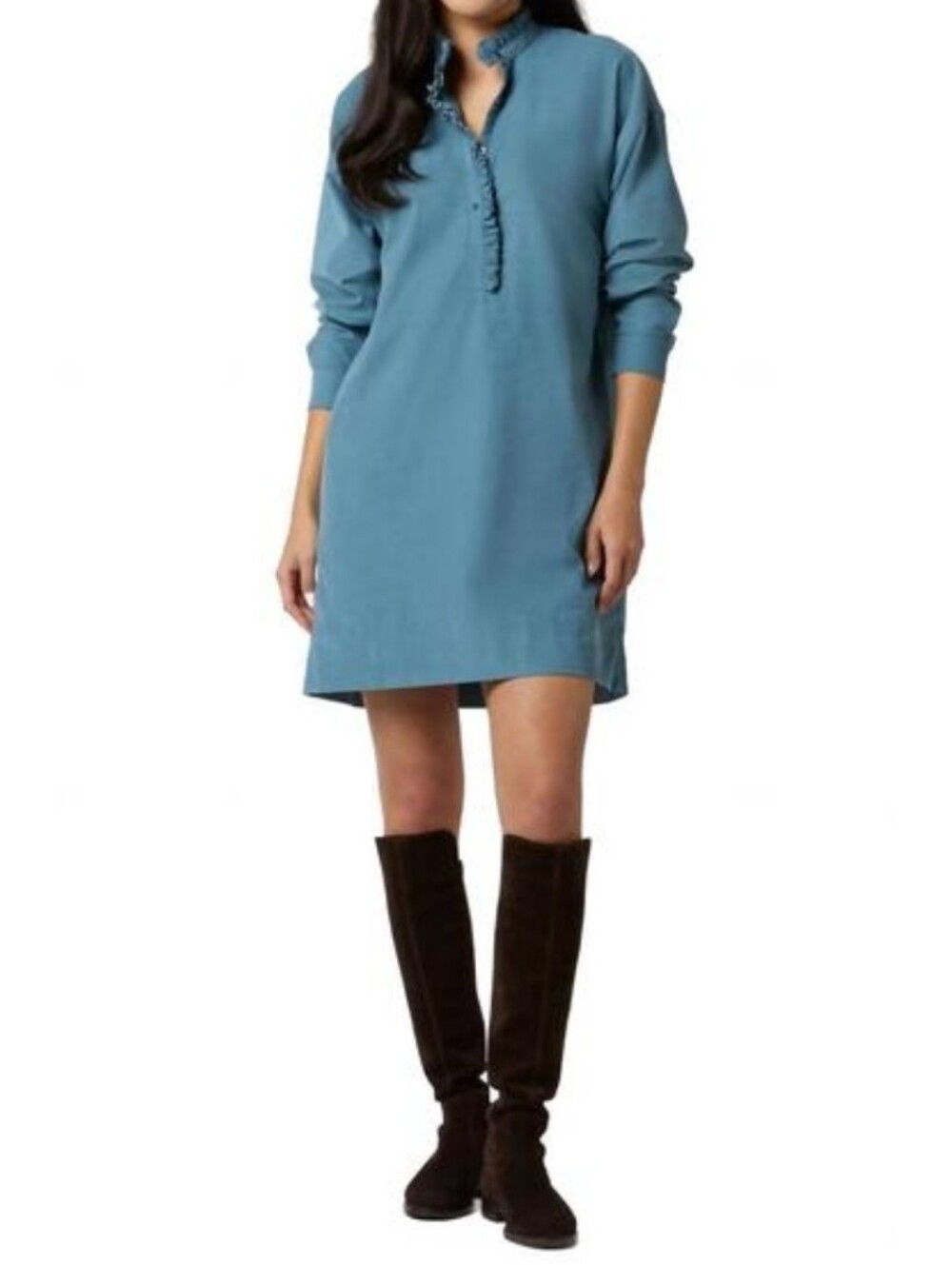 ANN MASHBURN nicky popover shirtdress in steel blue stretch cord Sz Medium